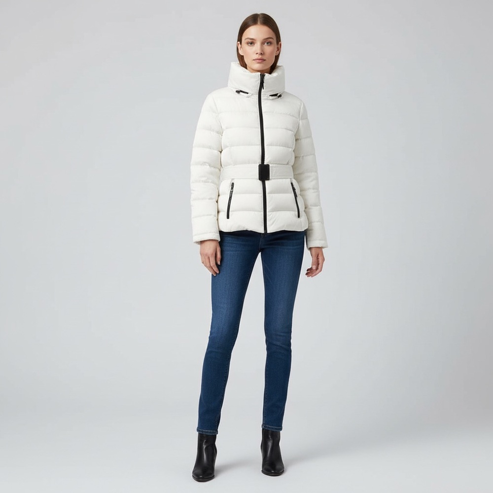 Zara Cream Puffer Jacket with Belt - Down Filled